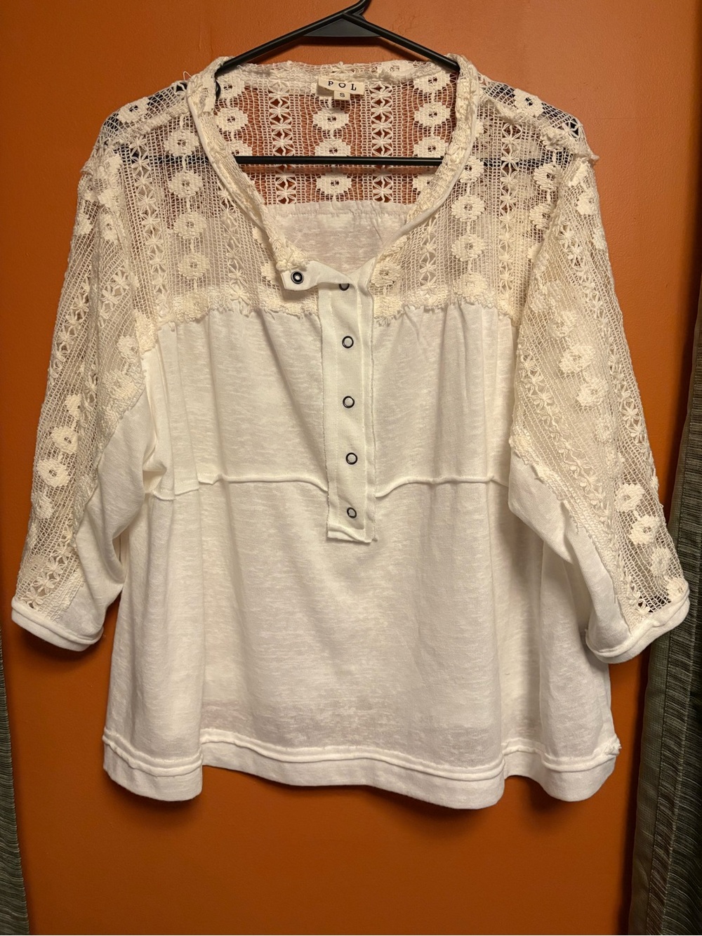 POL White Lace Yoke Henley Blouse